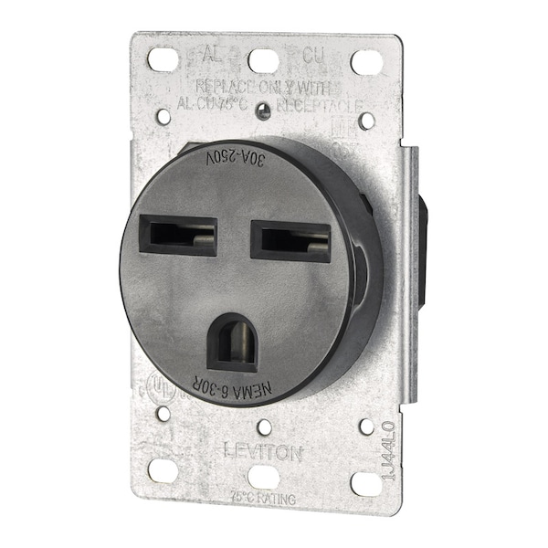 Leviton Straight Blade Receptacle, 6-30R, 30 A, 250V AC, 2 Pole, 3 Wire, Flush Mount, Grounded 05372-S00 - main